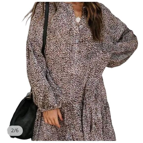 Vici Brown Tan Leopard Cheetah Print Long Sleeve Dress Women’s Size Small Flowy - Picture 4 of 9